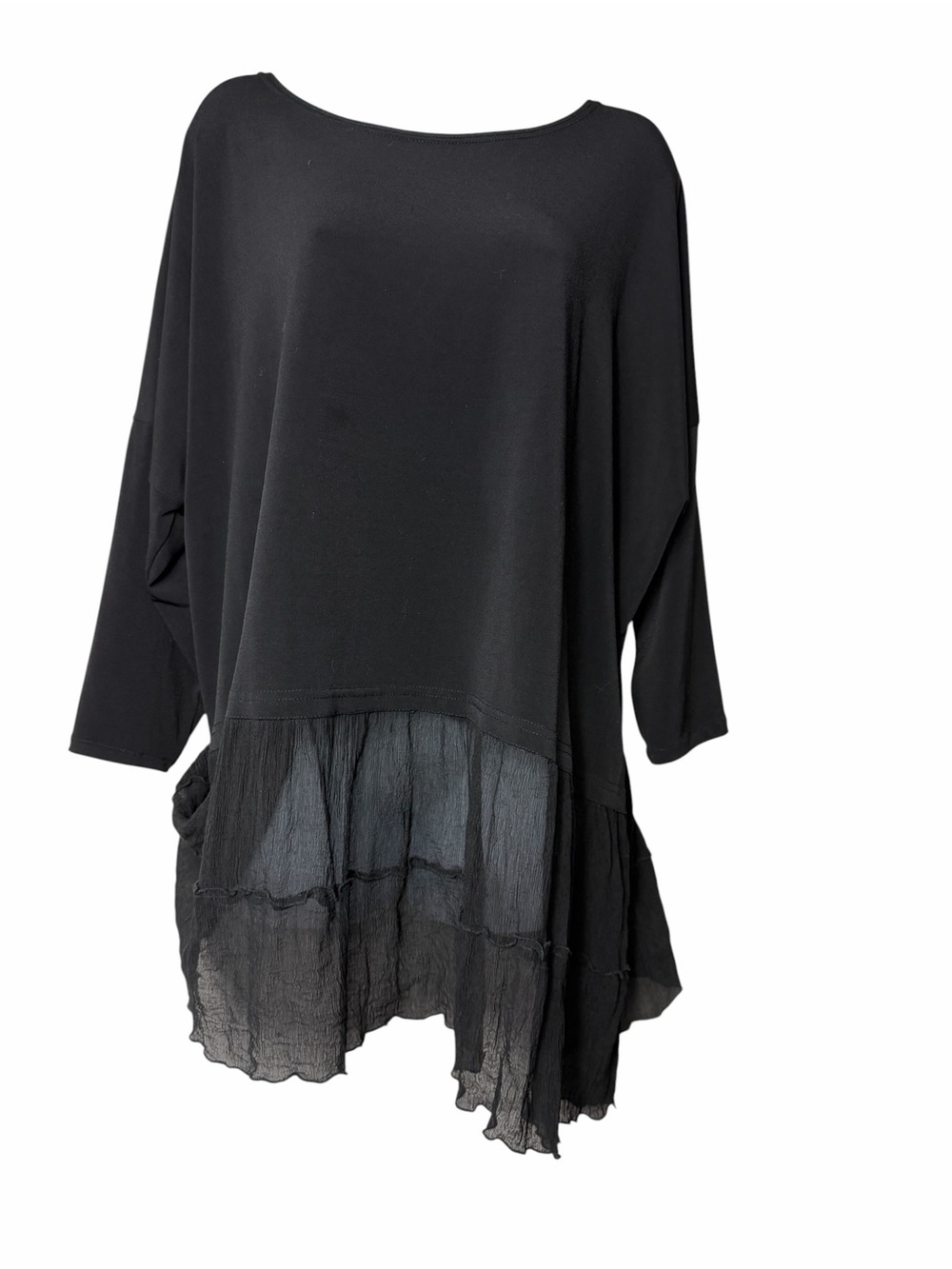 Planet By Lauren G Black Boho Lagenlook Lace Top One Size Oversized Jersey Knit